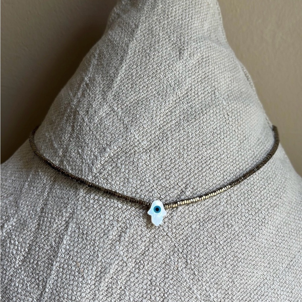 Evil Eye Hamsa Hand Necklace in Gold Pyrite Gemstone.